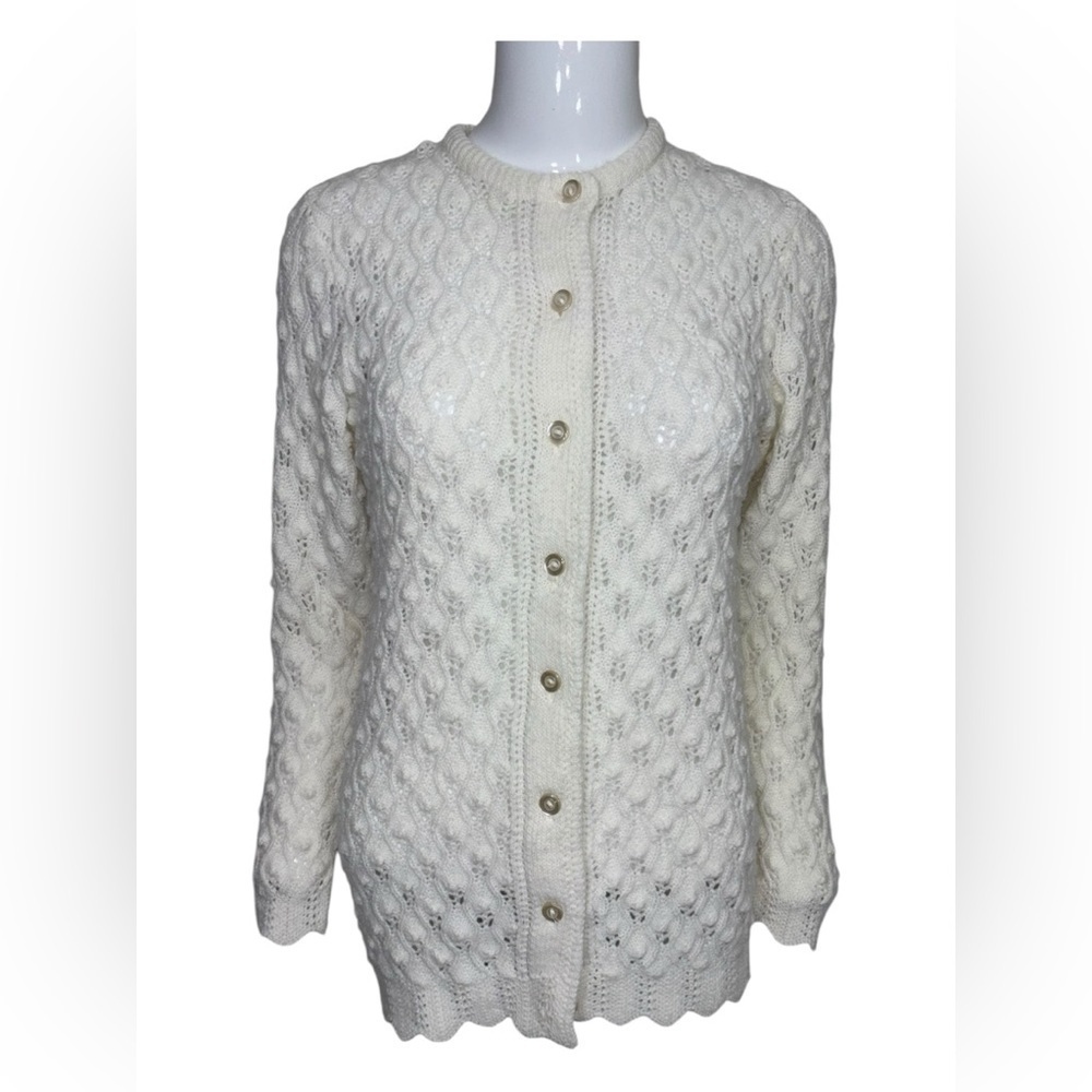Vtg British Vogue Wintuk Chris Ann Button Cardigan Sweater White Knit Textured